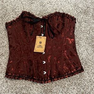 NWT: Brown/Burgundy Lace Up Strapless Corset Top with Ruffles